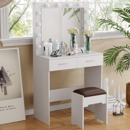Fidel Vanity Set with Cushioned Stool and Lighted Mirror- White - Image 2
