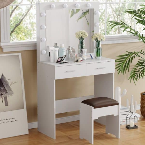 Fidel Vanity Set with Cushioned Stool and Lighted Mirror- White - Image 2