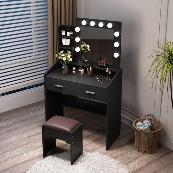 Diana Vanity Set with Shelves Cushioned Stool and Lighted Mirror- Black - Image 2