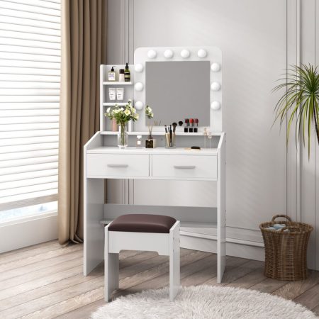 Diana Vanity Set with Shelves Cushioned Stool and Lighted Mirror- White - Image 2