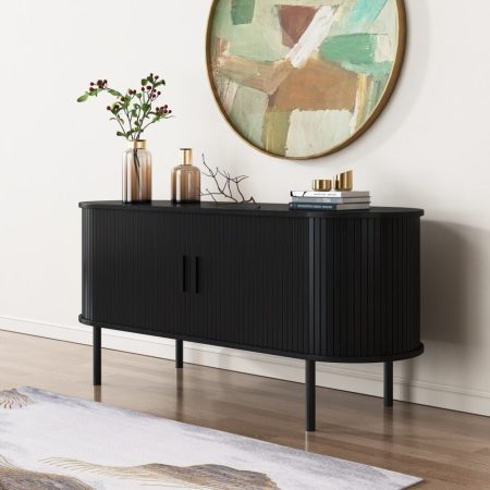Ribbed Black Sideboard with Sliding Doors - Image 2