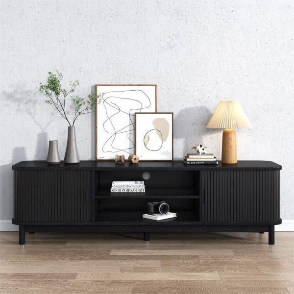 160cm Ribbed Black Entertainment Unit - Image 2
