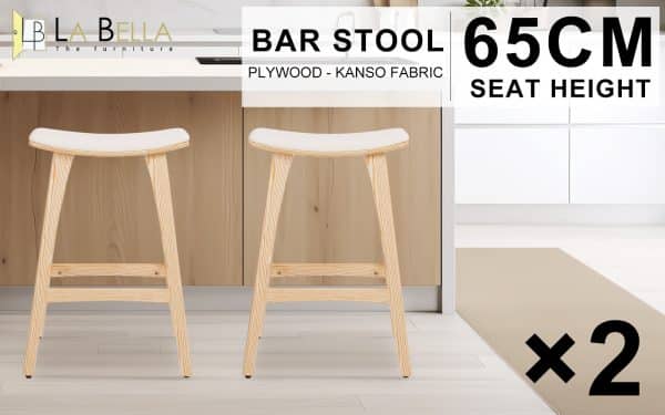 2X Wooden Bar Stool Padded Fabric Dining Chair KANSO 65cm BEIGE - Image 2