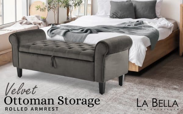 Storage Ottoman Stool Arm Bench Seat 132cm Velvet GREY - Image 2