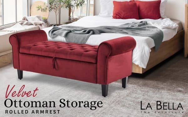 Storage Ottoman Stool Arm Bench Seat 132cm Velvet RED - Image 2
