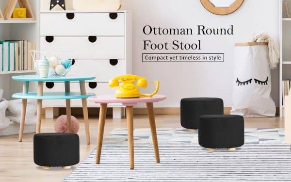 Fabric Ottoman Round Wooden Leg Foot Stool - BLACK - Image 2