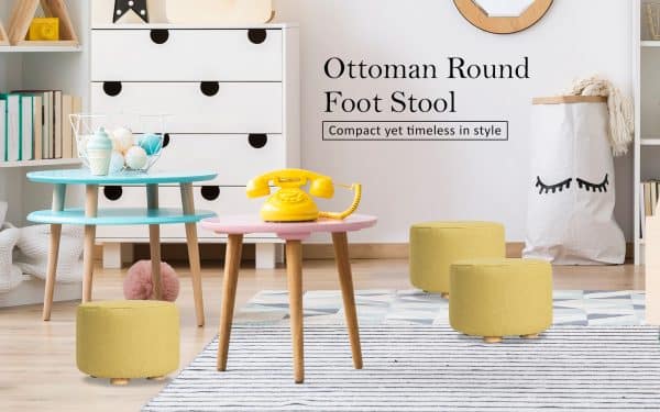 2X Fabric Ottoman Round Wooden Leg Foot Stool - Mustard Yellow - Image 2