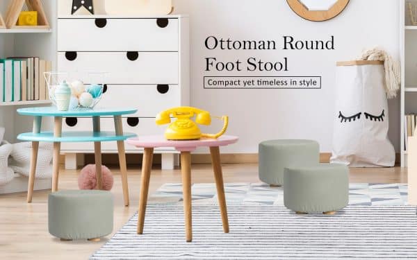 2X Fabric Ottoman Round Wooden Leg Foot Stool - GREY - Image 2