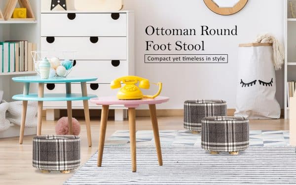 Fabric Ottoman Round Wooden Leg Foot Stool - LATTICE - Image 2