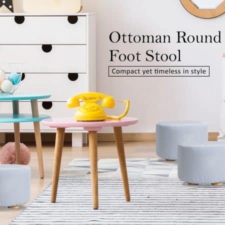 Fabric Ottoman Round Wooden Leg Foot Stool - LIGHT BLUE - Image 2