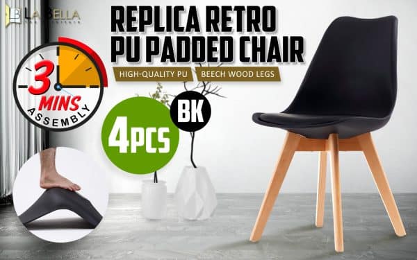 4X Retro Dining Cafe Chair Padded Seat BLACK - Image 2