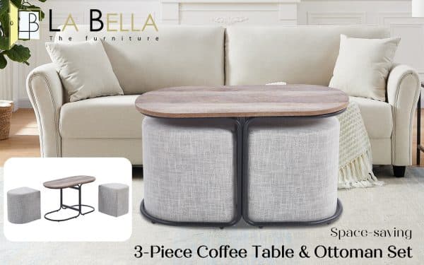 3 Piece Set Coffee Table & Ottoman Wood Side End Table Industrial - CREAM GREY - Image 2
