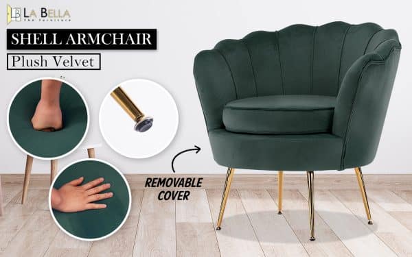 Armchair Padded Lounge Chair Accent Velvet Shell Scallop GREEN - Image 2