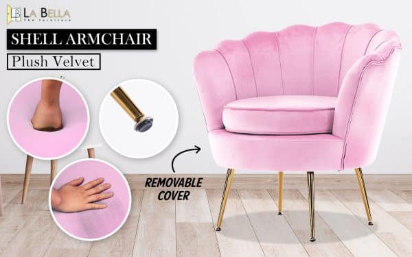 Armchair Padded Lounge Chair Accent Velvet Shell Scallop PINK - Image 2