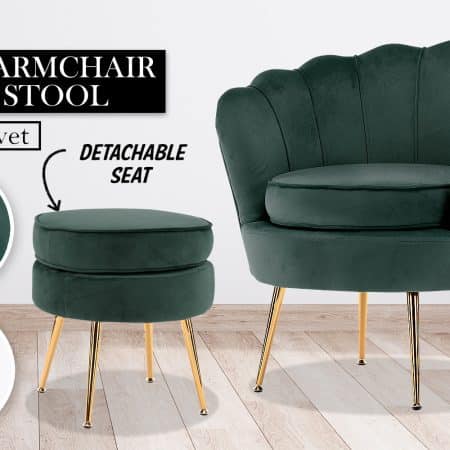 Armchair Lounge Chair Accent Velvet Shell Scallop + Ottoman Footstool Round GREEN - Image 2