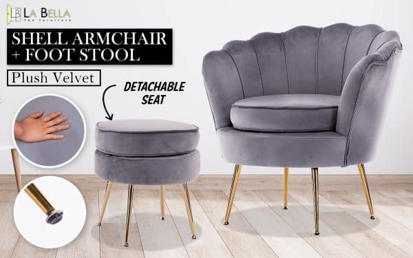 Armchair Lounge Chair Accent Velvet Shell Scallop + Ottoman Footstool Round GREY - Image 2