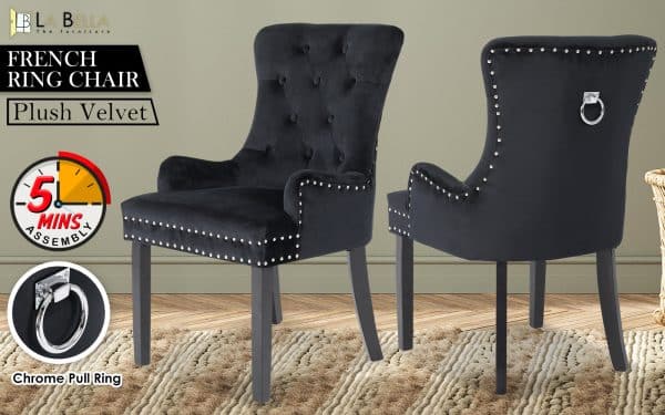 French Provincial Dining Chair Ring Studded Velvet Rubberwood Leg LISSE BLACK - Image 2
