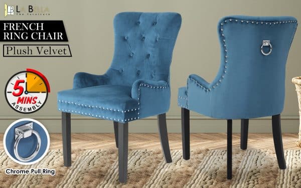 French Provincial Dining Chair Ring Studded Velvet Rubberwood Leg LISSE NAVY BLUE - Image 2