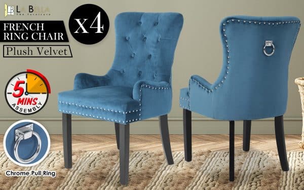 4X French Provincial Dining Chair Ring Studded Velvet Rubberwood Leg LISSE NAVY BLUE - Image 2