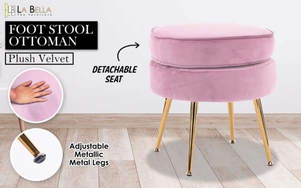 Ottoman Foot Stool Velvet Fabric Metal Leg Round PINK - Image 2