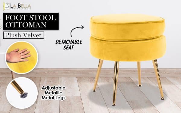 Ottoman Foot Stool Velvet Fabric Metal Leg Round YELLOW - Image 2