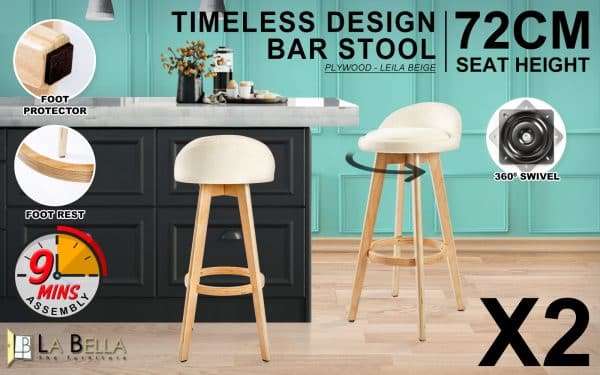 2X Wood Bar Stool Dining Chair Fabric LEILA 72cm BEIGE - Image 2