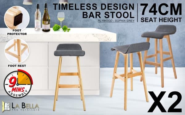 2X Wooden Bar Stool Dining Chair Fabric SOPHIA 74cm GREY - Image 2