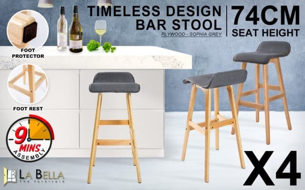 4X Wooden Bar Stool Dining Chair Fabric SOPHIA 74cm GREY - Image 2