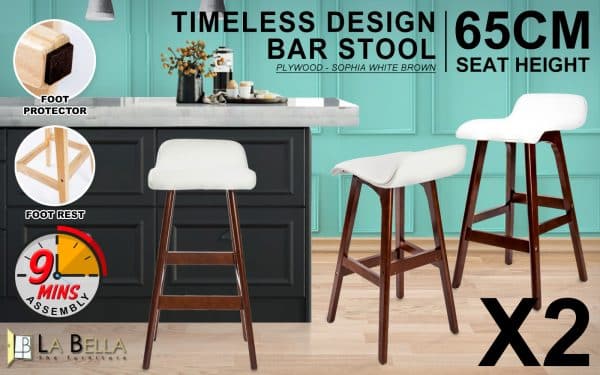 2X Wooden Bar Stool Dining Chair Leather SOPHIA 65cm WHITE BROWN - Image 2