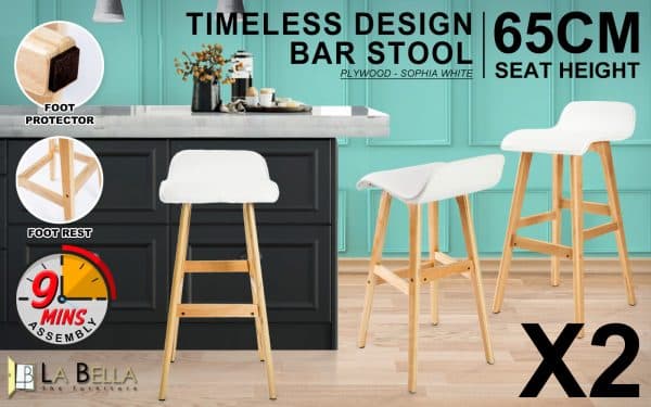 2X Wooden Bar Stool Dining Chair Leather SOPHIA 65cm WHITE - Image 2