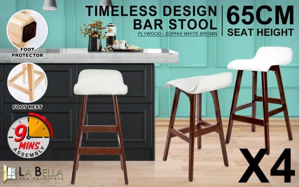 4X Wooden Bar Stool Dining Chair Leather SOPHIA 65cm WHITE BROWN - Image 2