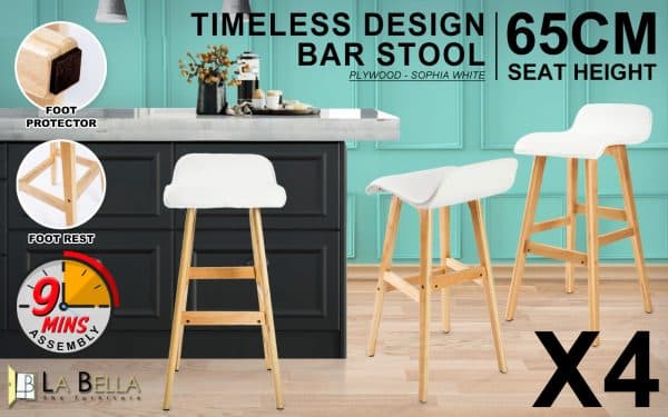 4X Wooden Bar Stool Dining Chair Leather SOPHIA 65cm WHITE - Image 2
