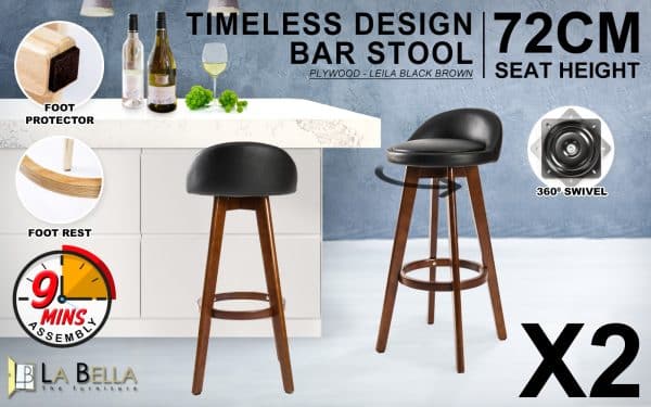 2X Wooden Bar Stool Dining Chair Leather LEILA 72cm BLACK BROWN - Image 2