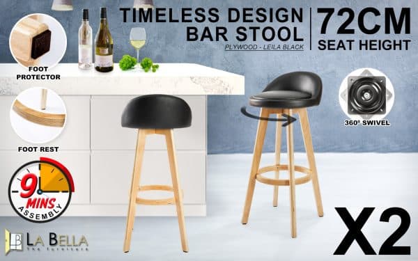 2X Wooden Bar Stool Dining Chair Leather LEILA 72cm BLACK - Image 2