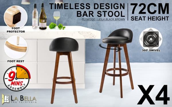 4X Wooden Bar Stool Dining Chair Leather LEILA 72cm BLACK BROWN - Image 2