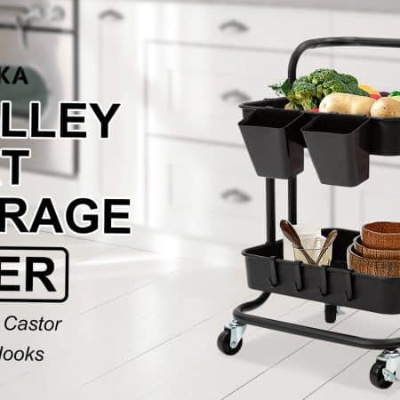 Trolley Cart Storage Utility Rack Shelf Organiser Swivel Kitchen 2 Tier BLACK - Image 2