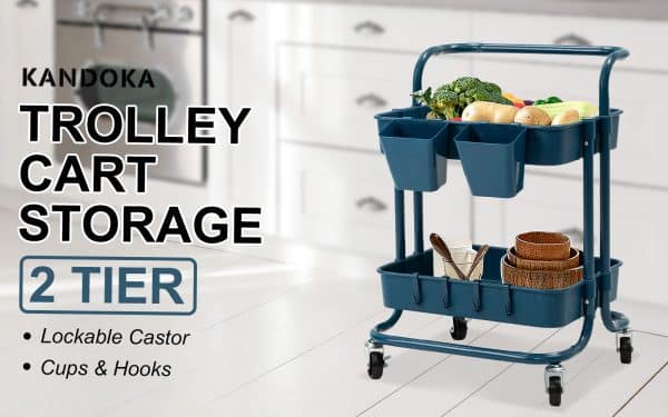 Trolley Cart Storage Utility Rack Shelf Organiser Swivel Kitchen 2 Tier BLUE - Image 2