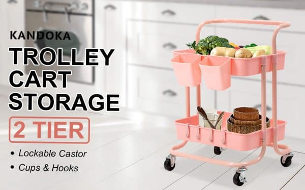 Trolley Cart Storage Utility Rack Shelf Organiser Swivel Kitchen 2 Tier PINK - Image 2