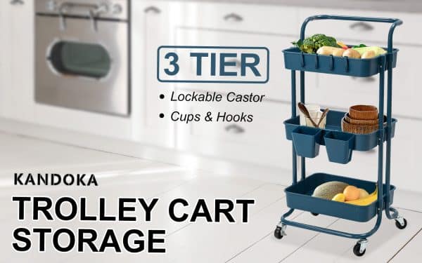 Trolley Cart Storage Utility Rack Shelf Organiser Swivel Kitchen 3 Tier BLUE - Image 2