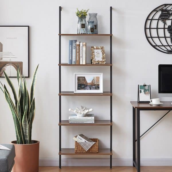 YES4HOMES Industrial Ladder Shelf Wood Wall-Mounted Bookcase Storage Rack Shelves Display - Image 2