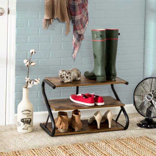 Matte Black Frame Rustic Wood 3-Tier Medium Shoe Rack Shelf Stand Storage Organizer - Image 2