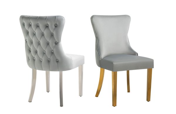 Paris Dark Grey Velvet  & Silver Polished Steel Upholstered Dining Chairs Tufted Back - Set of 2 - Image 2