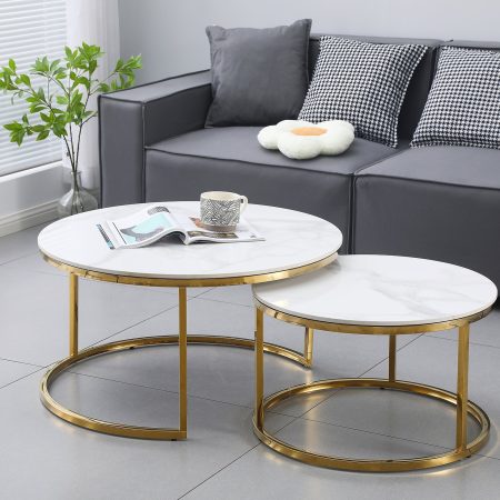 Nesting Style Coffee Table - White on Gold Stainless Steel - 80cm/60cm - Image 2