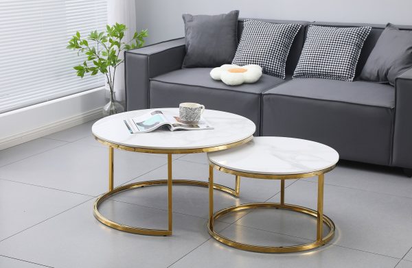 Nesting Style Coffee Table - White on Gold Stainless Steel - 80cm/60cm - Image 2