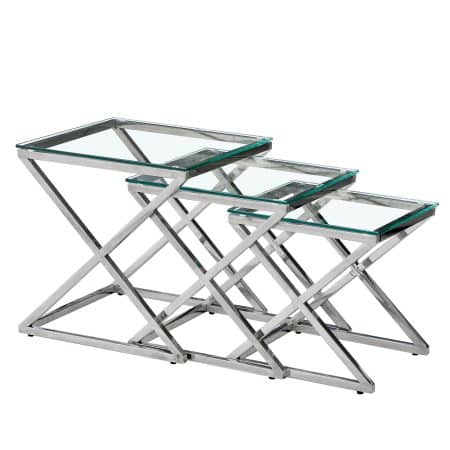 Bella Set of 3 Silver Side Table - Clear Glass