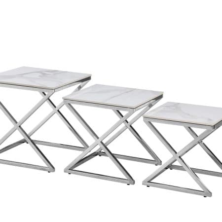 Bella Set of 3 Silver Side Table - White Marble