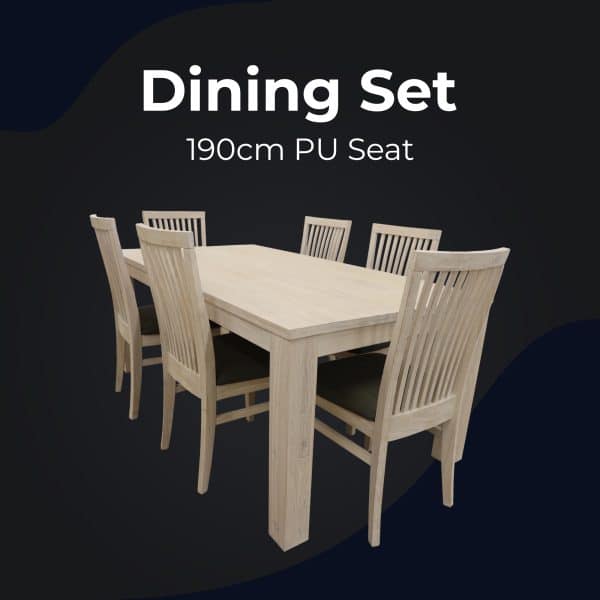 Foxglove 7pc Dining Set 190cm Table 6 PU Seat Chair Solid Mt Ash Wood - White - Image 2