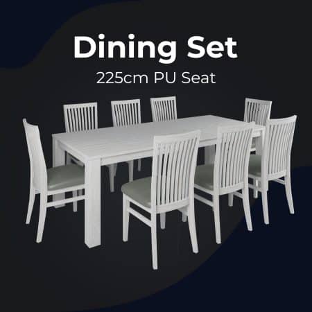 Foxglove 9pc Dining Set 225cm Table 8 PU Seat Chair Solid Mt Ash Wood - White - Image 2