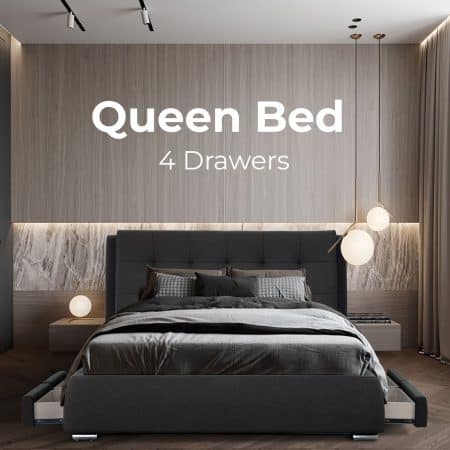 Kiama Queen Size Bed Frame Timber Mattress Base With Storage Drawers - Grey - Image 2