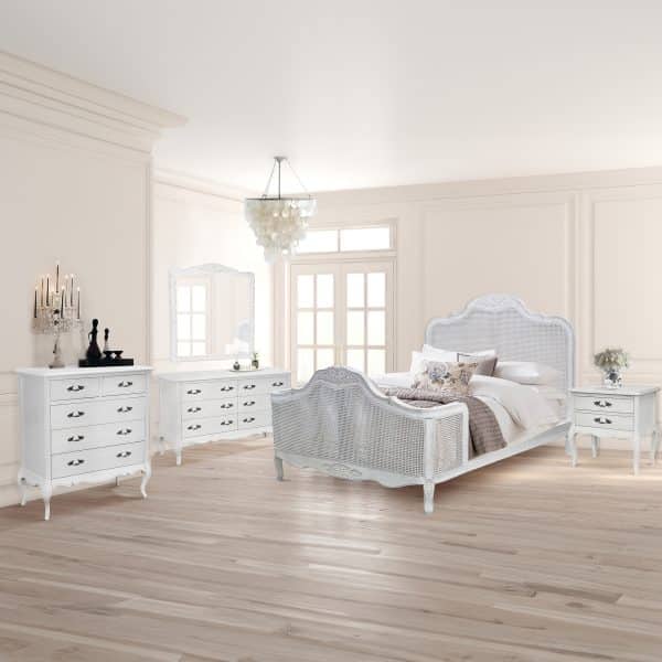 Alice King Size Bed Frame Rattan Timber Wood Mattress Base Distressed White - Image 2